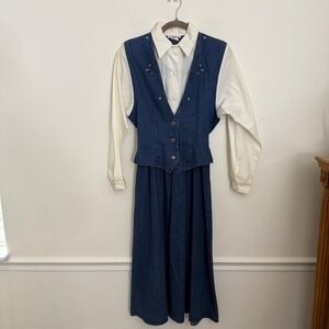 Scarlett Western‎ Denim Vest Shirt Dress Blue White Button Up Embroidered Sz 10p